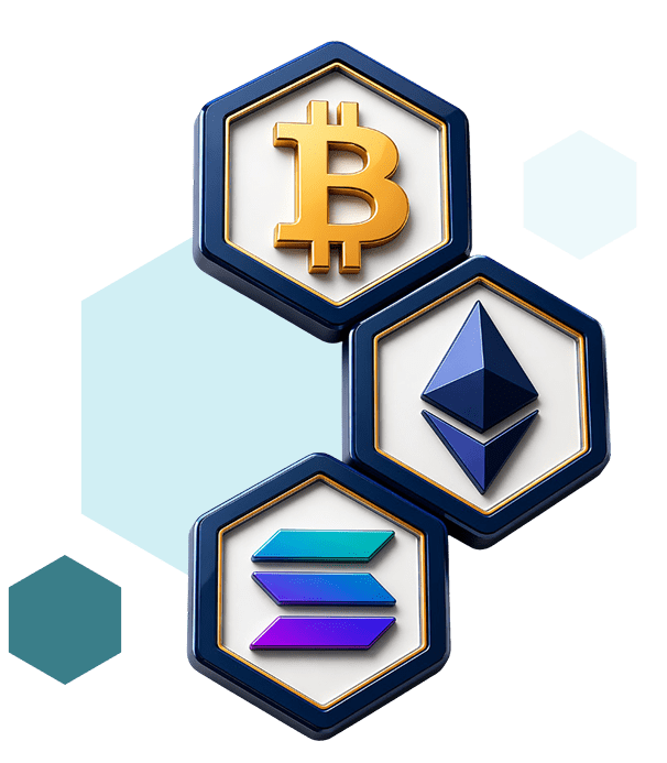 Cryptocurrency logos on hexagonal shapes