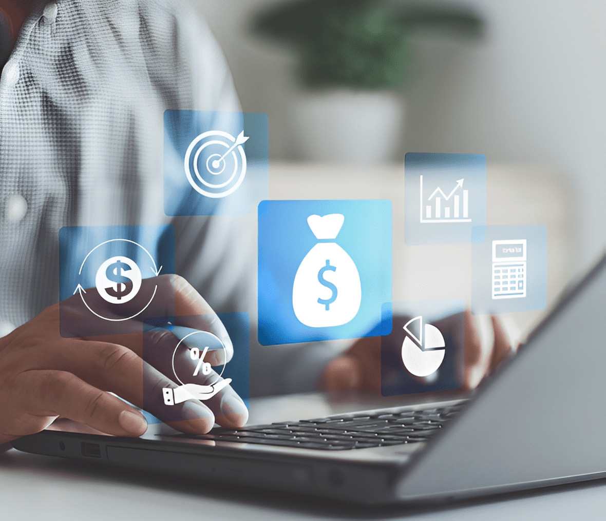 Person using laptop with financial icons overlay